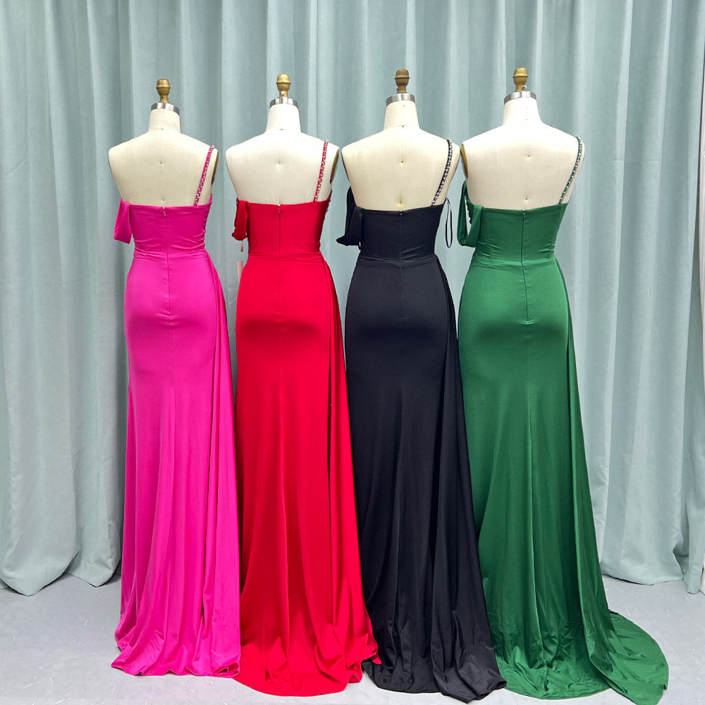 YQLNNE 020 Red High Slit Crystals Long Prom Dresses One Shoulder Evening Gown