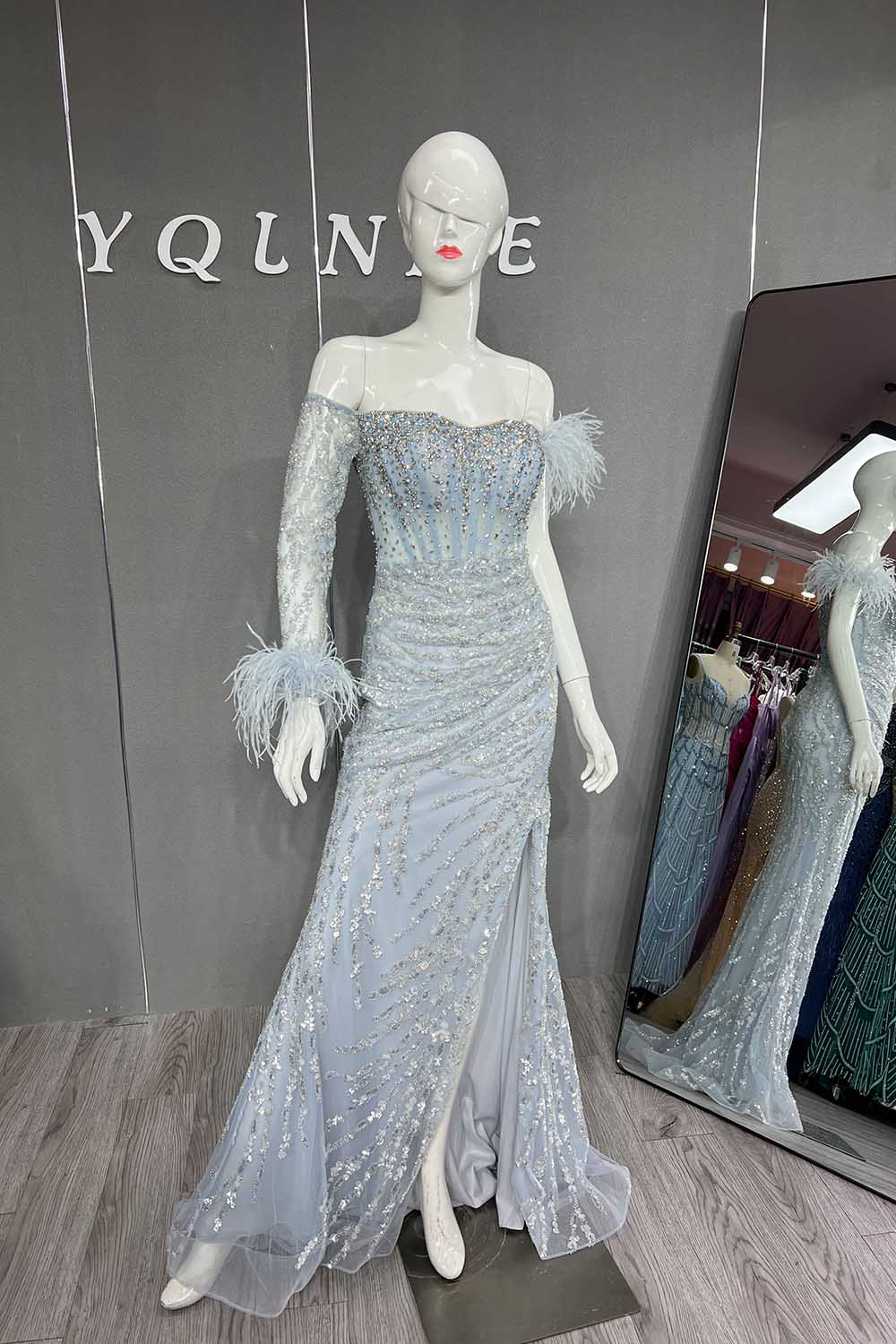 YQLNNE 047 Baby Blue Feathers Long Sleeves Evening Gown Mermaid Formal Dresses