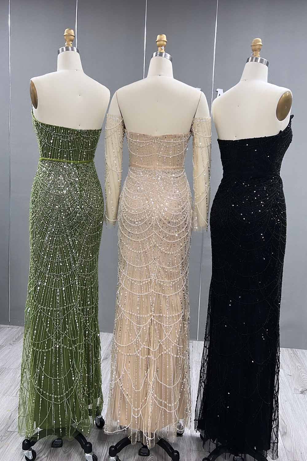 YQLNNE 073 Nude Pearls Beading Long Evening Dress Mermaid Prom Party Gown