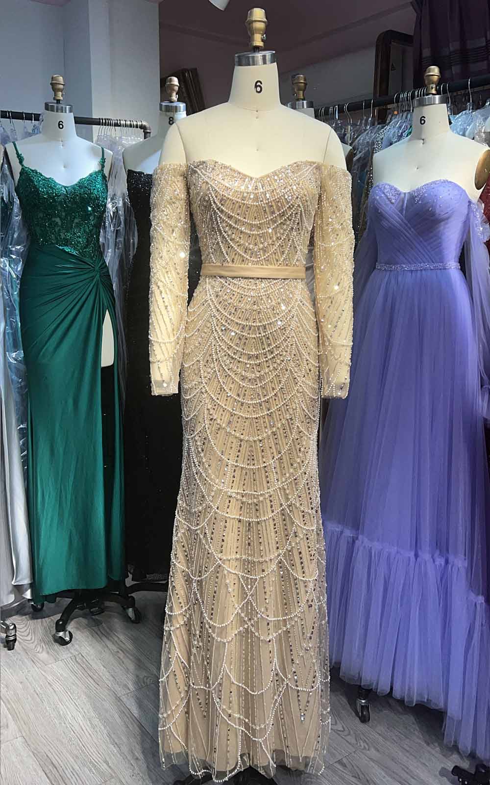 YQLNNE 077 Nude Long Sleeves Pearls Beading Evening Dress Off Shoulder