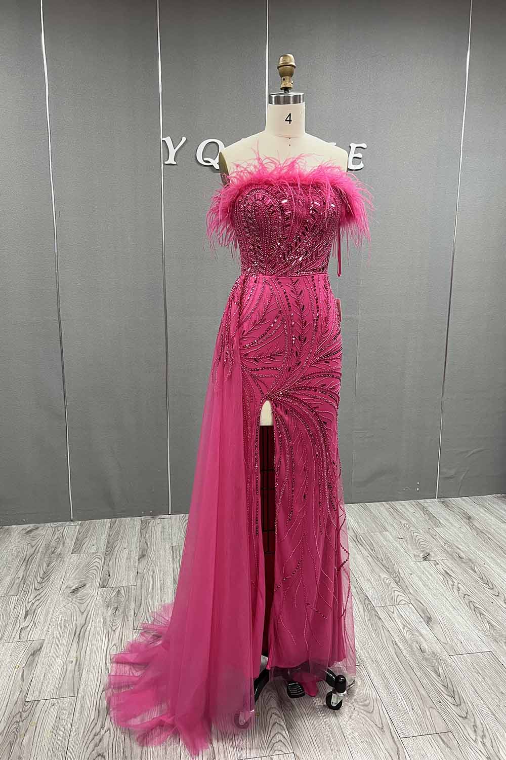 YQLNNE 094 Silver Feathers Beaded Evening Dress Formal Gowns With Removeable Skirt