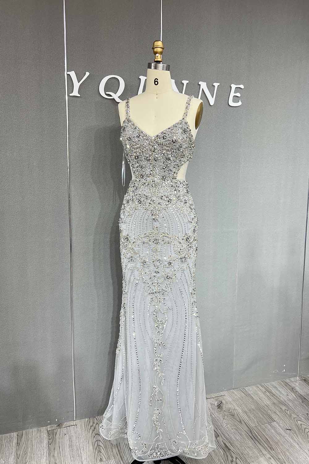 YQLNNE 063 Silver Crystals Beaded Mermaid Evening Dress Long Party Gown