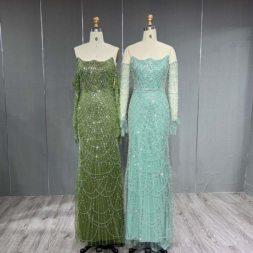 YQLNNE 076 Greenery Beading Evening Dress Mermaid Formal Gown With Gloves