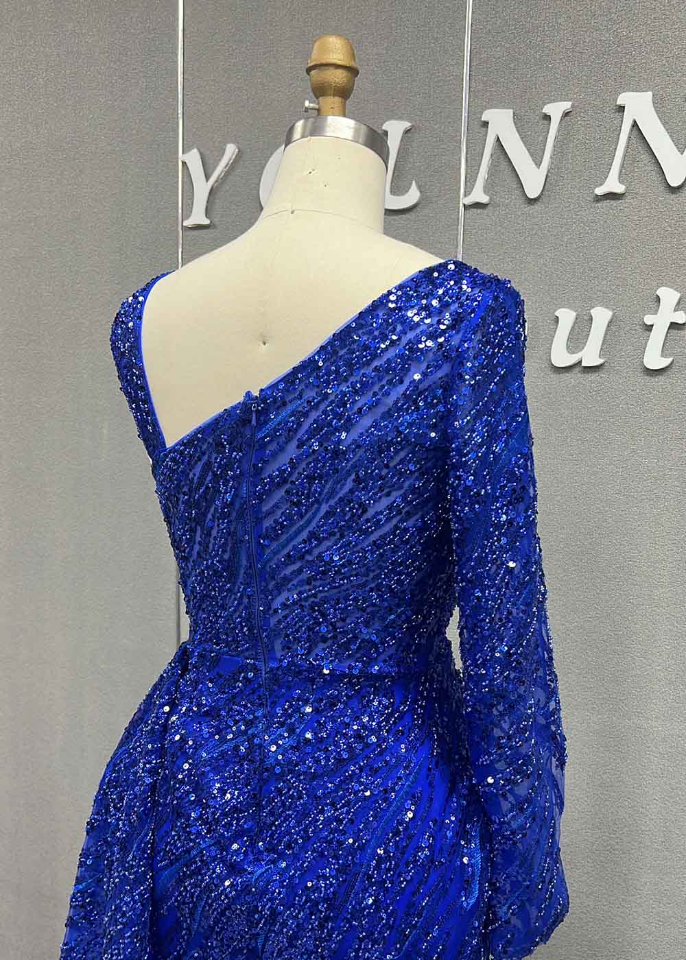 YQLNNE 0122 Royal Blue One Shoulder Crystals Beaded Long Evening Dress With Slit