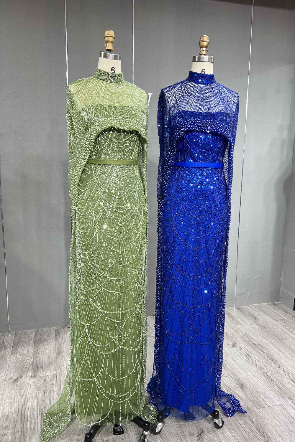 YQLNNE 3007 Royal Blue Pearls Beaded Evening Dress Mermaid