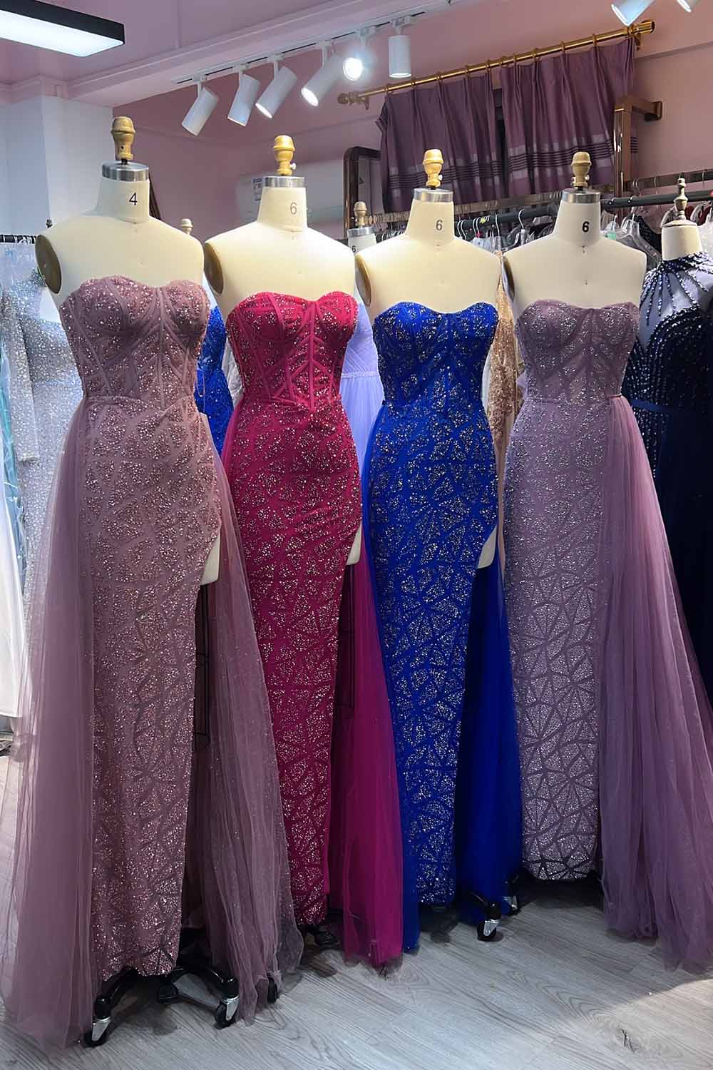 YQLNNE 070 Sparkly Glitter Strapless Long Prom Dress With Removable Train