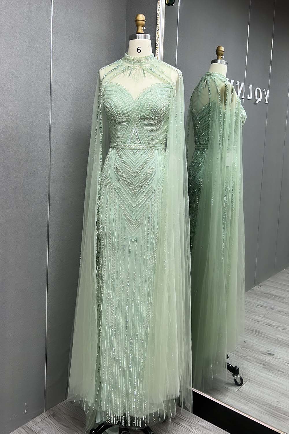 YQLNNE 086 Nude Crystals Beaded Evening Dress Women Party Gown With Shawl
