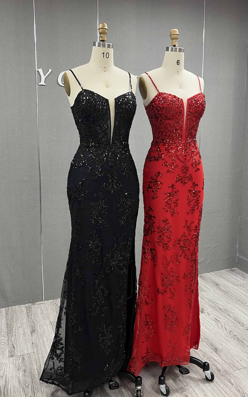 YQLNNE Red Straps Sequined Prom Dresses Long Slit Evening Gowns