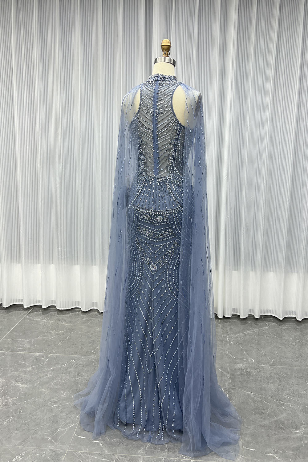 YQLNNE 050 Dusty Blue Handmade Rhinestones Beaded Long Evening Dress Formal Party Gown