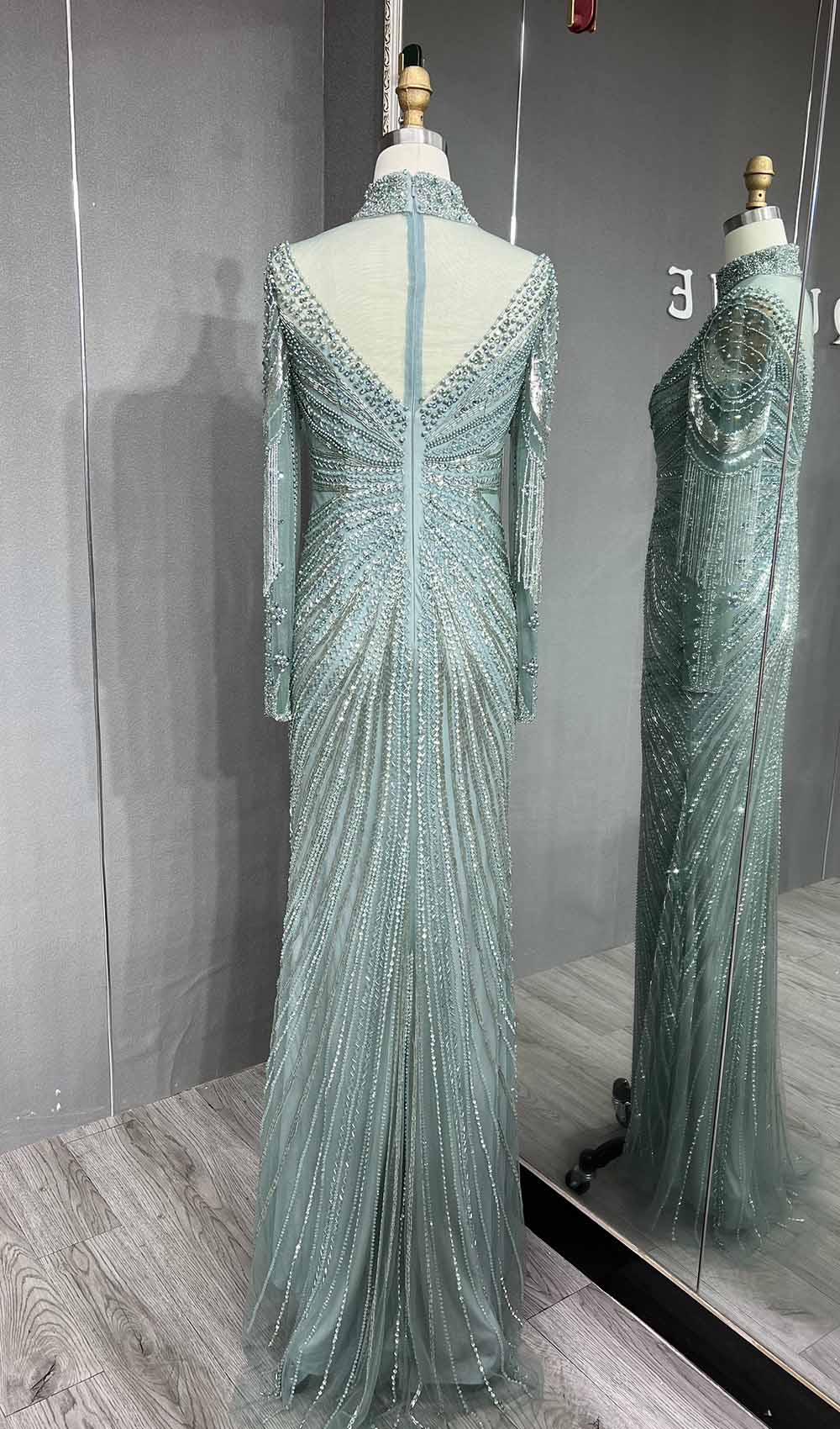 YQLNNE 053 Beige Long Sleeves Evening Dress Crystals Beaded Formal Women Gown Modest
