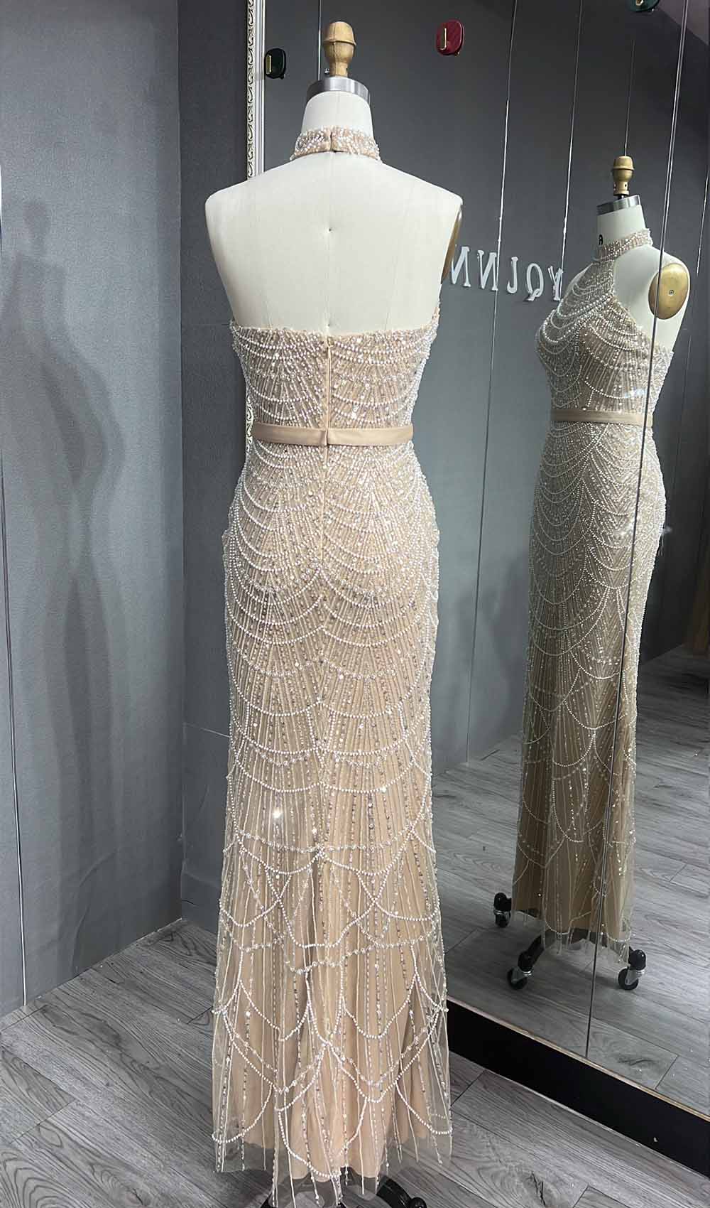 YQLNNE 073 Nude Pearls Beading Long Prom Dress Halter With Glovers