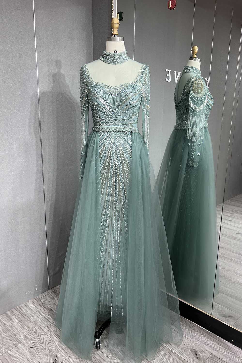 YQLNNE 053 Sage Green Full Sleeves Evening Dress Crystals Beaded Formal Gown