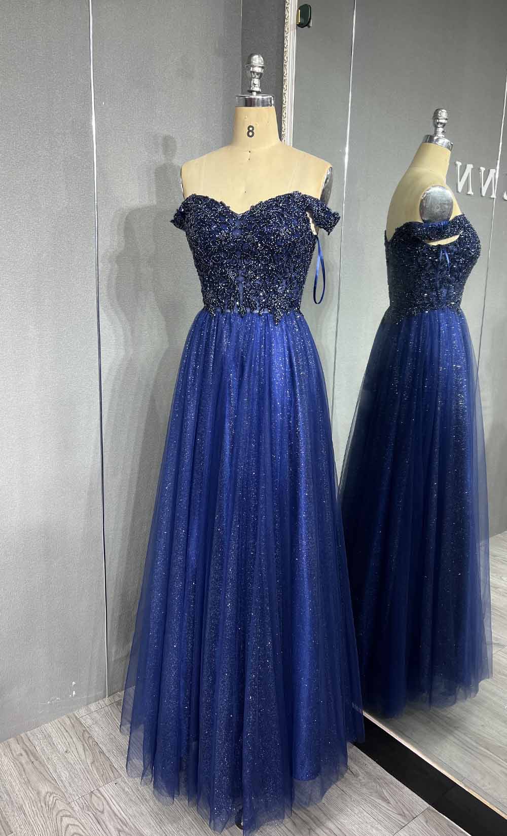 YQLNNE 101 Navy Blue Beading Long Prom Dress Off the Shoulder Party Gown