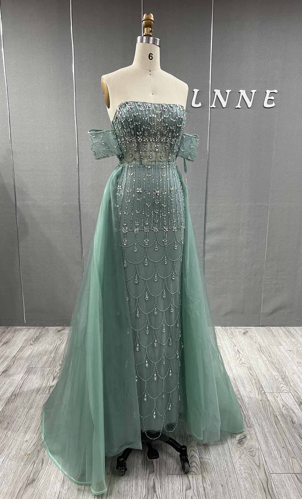 YQLNNE 5019 Sage Green Off Shoulder Evening Dress Crystals Beaded With Removable Train