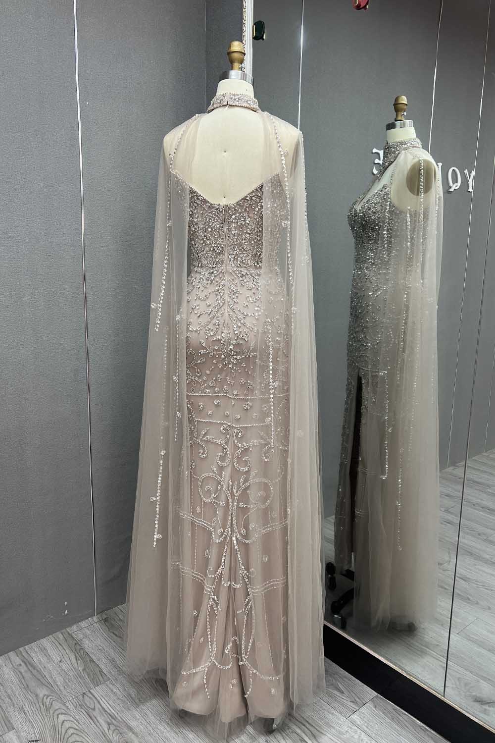 YQLNNE 036 Nude Rhinestones Evening Dress Long Mermaid Gown With Shawl