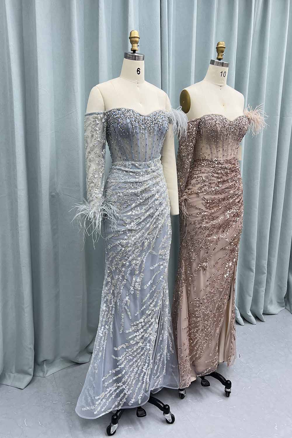 YQLNNE 047 Rose Gold Feathers Evening Gown Long Sleeves Mermaid Formal Dresses
