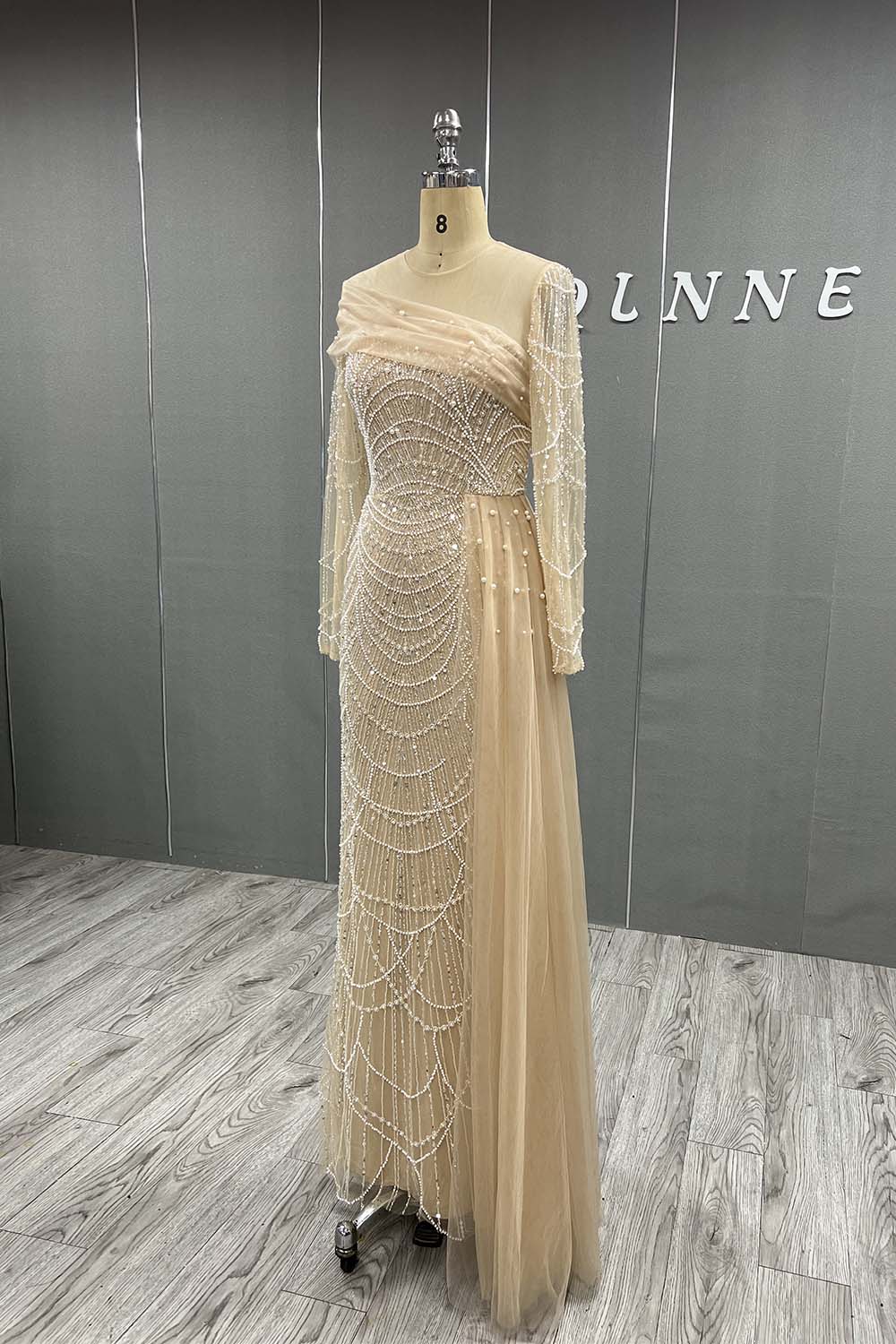 YQLNNE Modest Nude Beading Long Sleeves Evening Dress