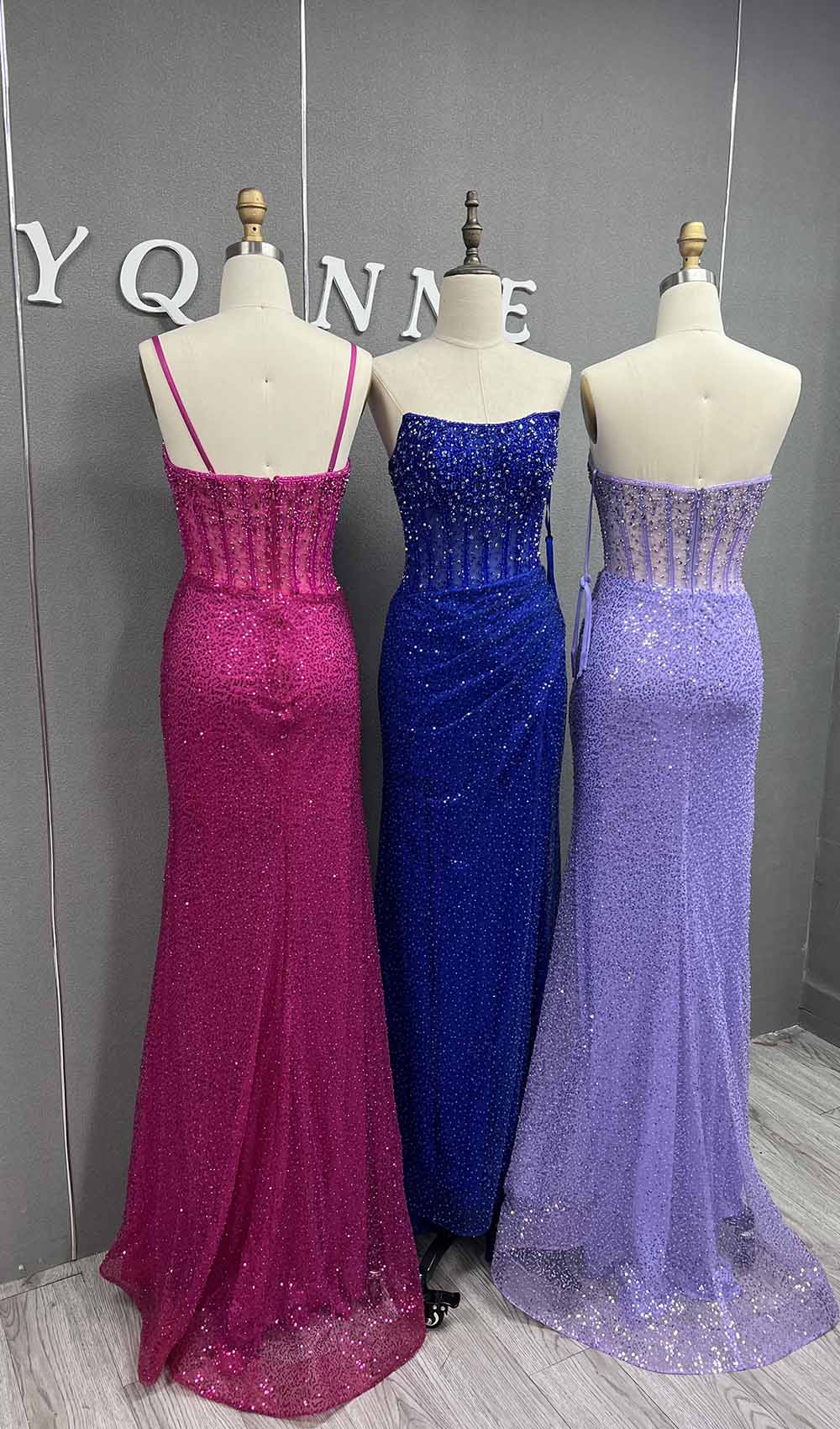 YQLNNE 06 Royal Blue Long Crystals Beaded Slit Prom Dresses With Straps