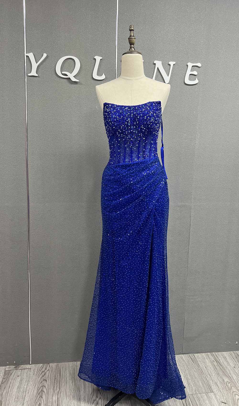 YQLNNE 06 Royal Blue Long Crystals Beaded Slit Prom Dresses With Straps