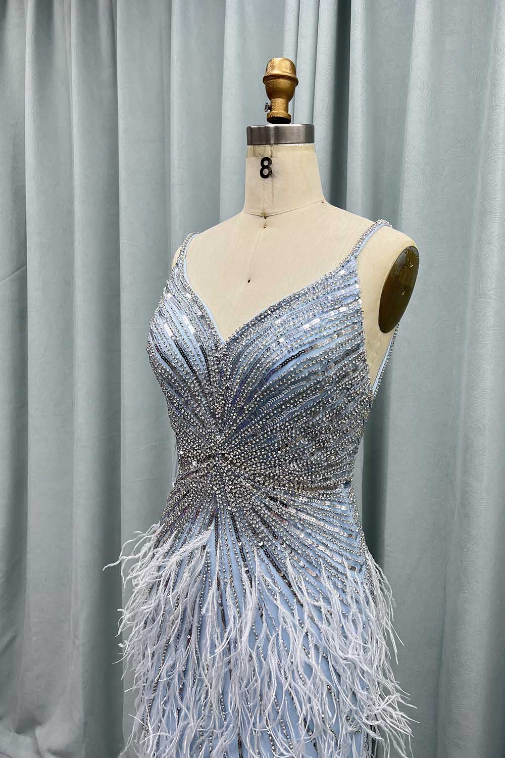 YQLNNE 043 Blue Feathers Crystals Long Evening Dresses Straps Tulle Beaded Weddding Party Gown Vestidos