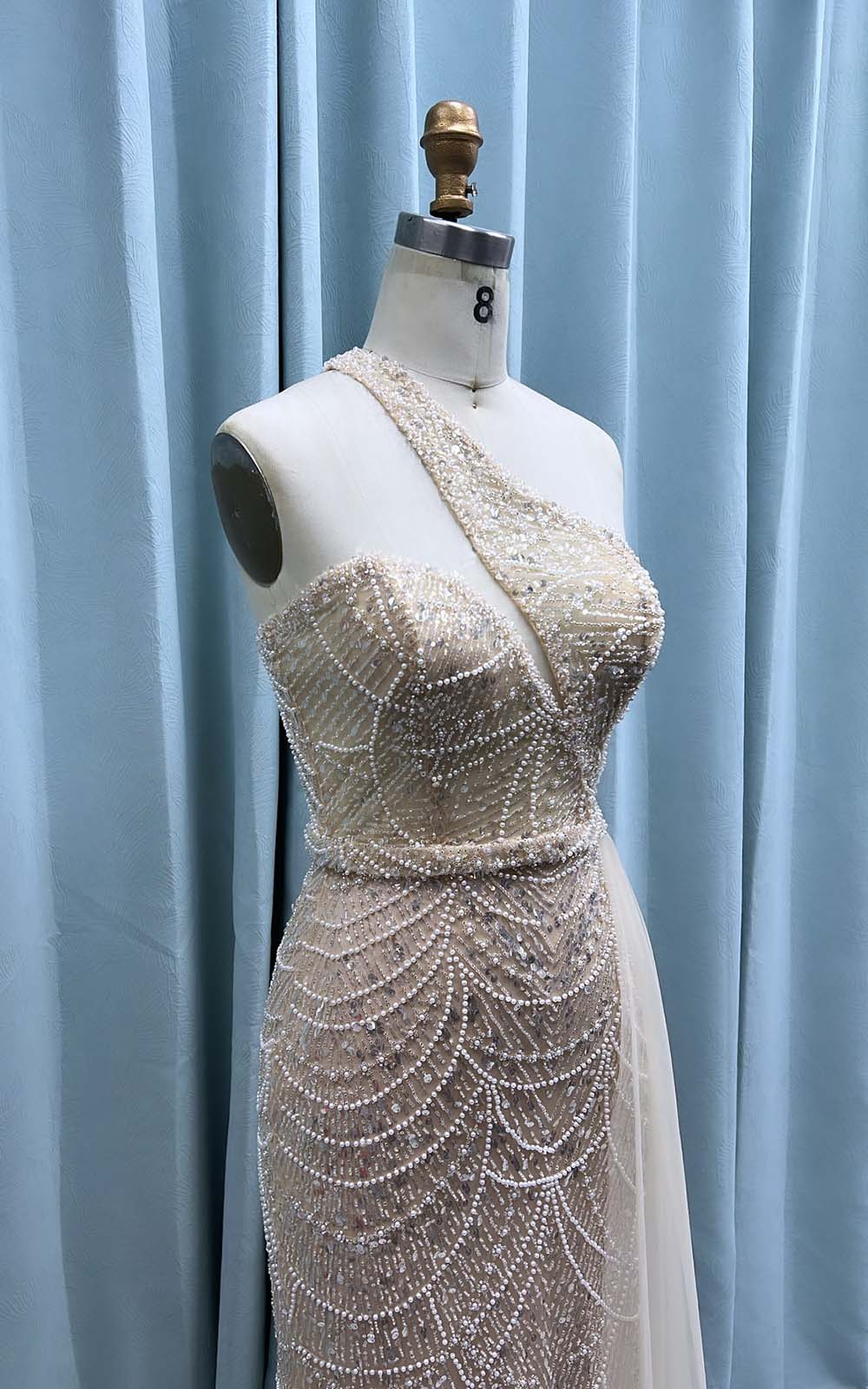 YQLNNE 0304 One Shoulder Nude Beaded Evening Party Gown Mermaid With Side Skirt