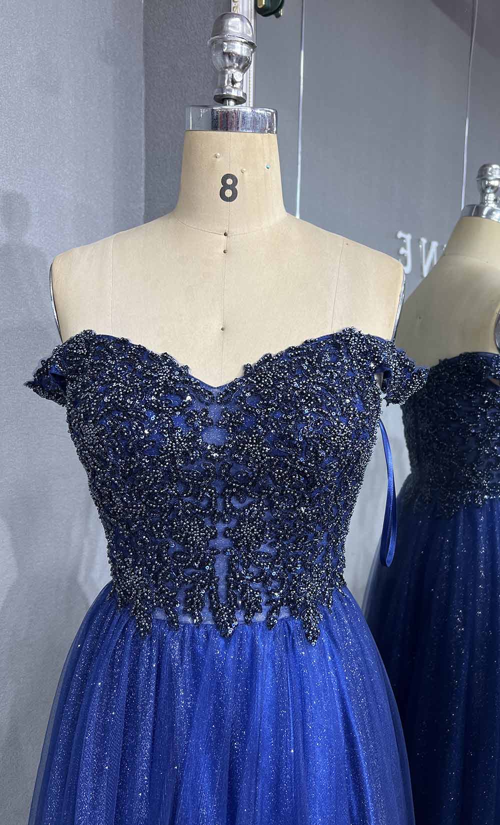 YQLNNE 101 Navy Blue Beading Long Prom Dress Off the Shoulder Party Gown