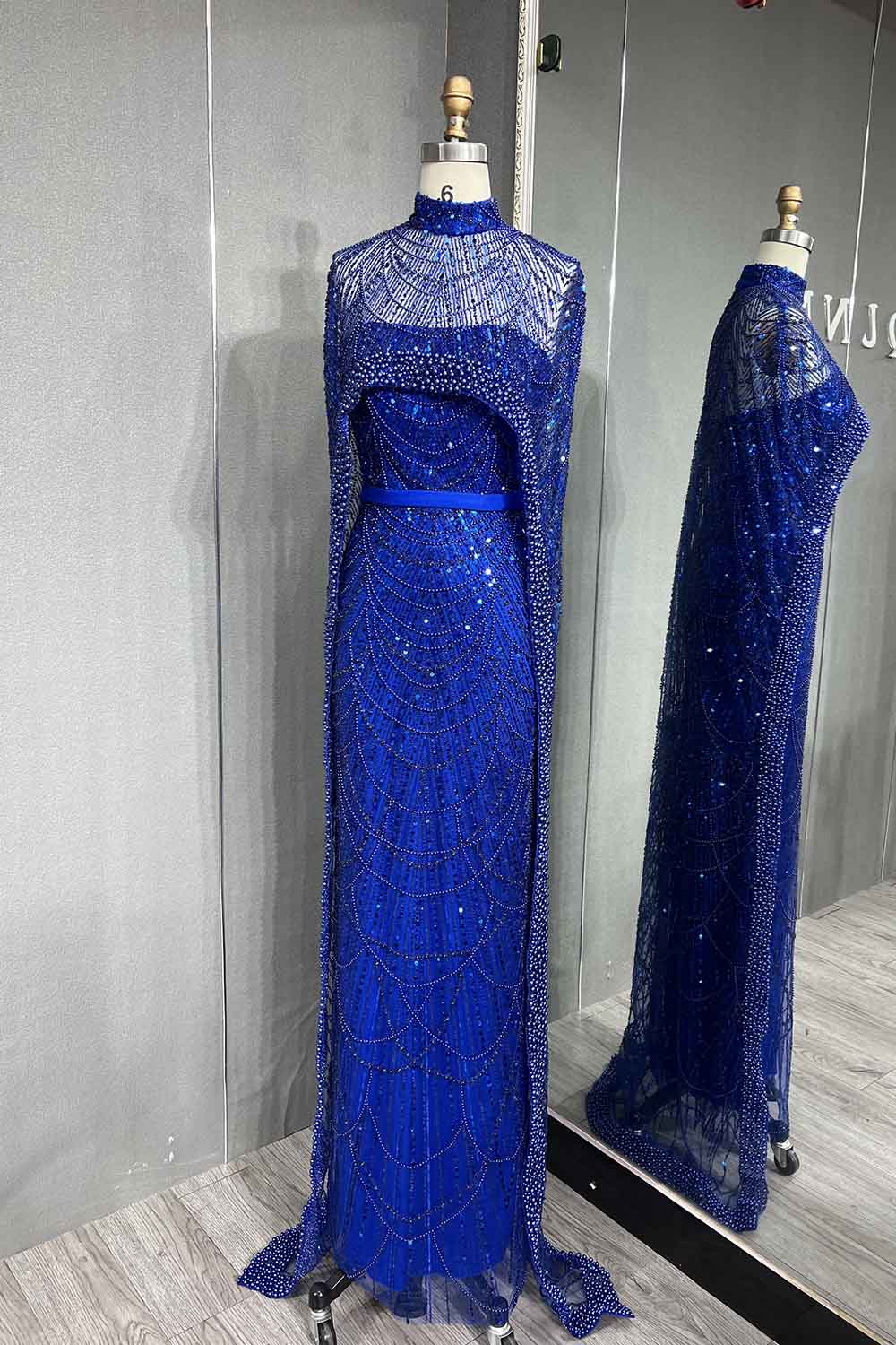 YQLNNE 3007 Royal Blue Pearls Beaded Evening Dress Mermaid