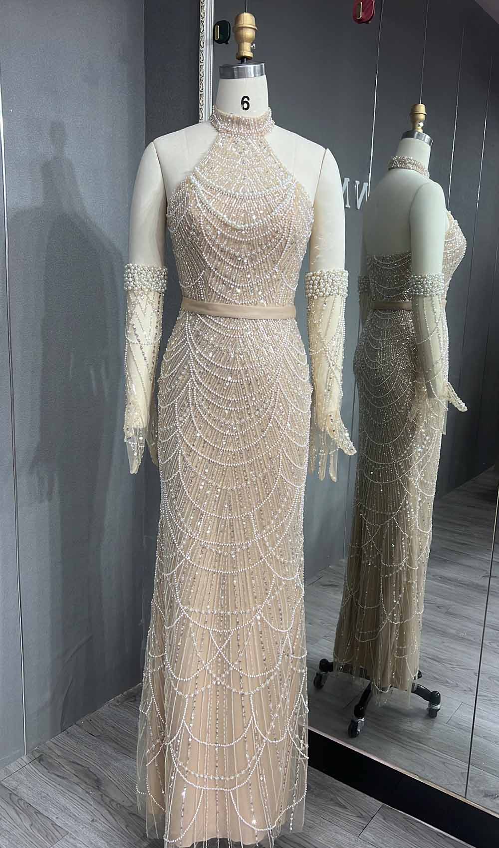 YQLNNE 073 Nude Pearls Beading Long Prom Dress Halter With Glovers