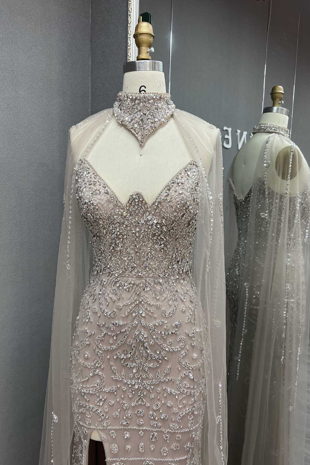 YQLNNE 036 Nude Rhinestones Evening Dress Long Mermaid Gown With Shawl