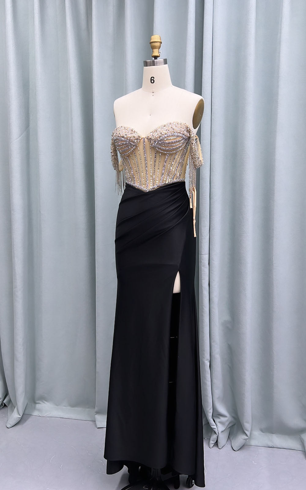 YQLNNE 010 Blue Satin Crystals Prom Dresses Long Slit Off the Shoulder Evening Party Gown
