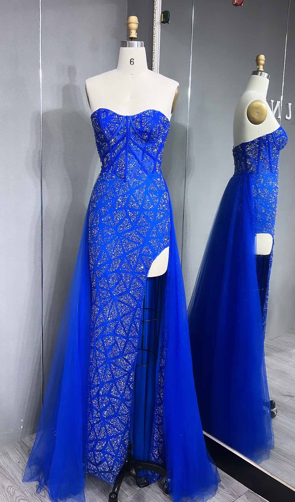 YQLNNE 070 Sparkly Glitter Strapless Long Prom Dress With Removable Train