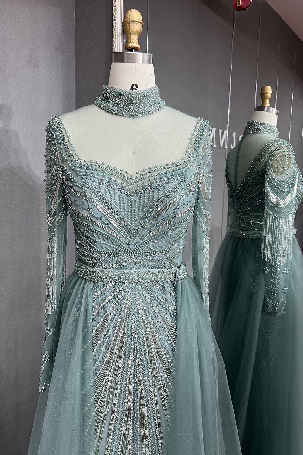 YQLNNE 053 Sage Green Full Sleeves Evening Dress Crystals Beaded Formal Gown