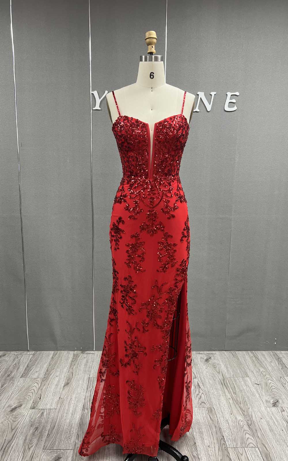 YQLNNE Red Straps Sequined Prom Dresses Long Slit Evening Gowns
