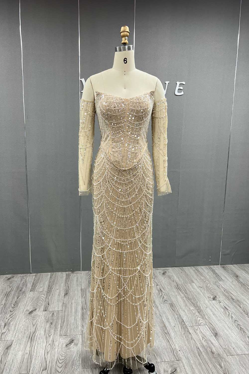 YQLNNE 073 Nude Pearls Beading Long Evening Dress Mermaid Prom Party Gown