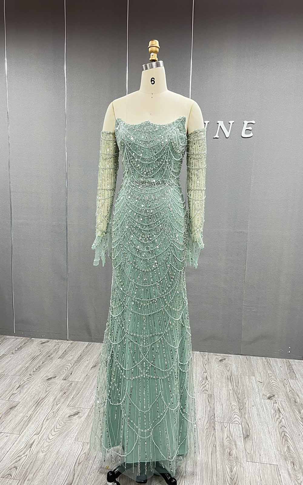 YQLNNE 076 Greenery Beading Evening Dress Mermaid Formal Gown With Gloves