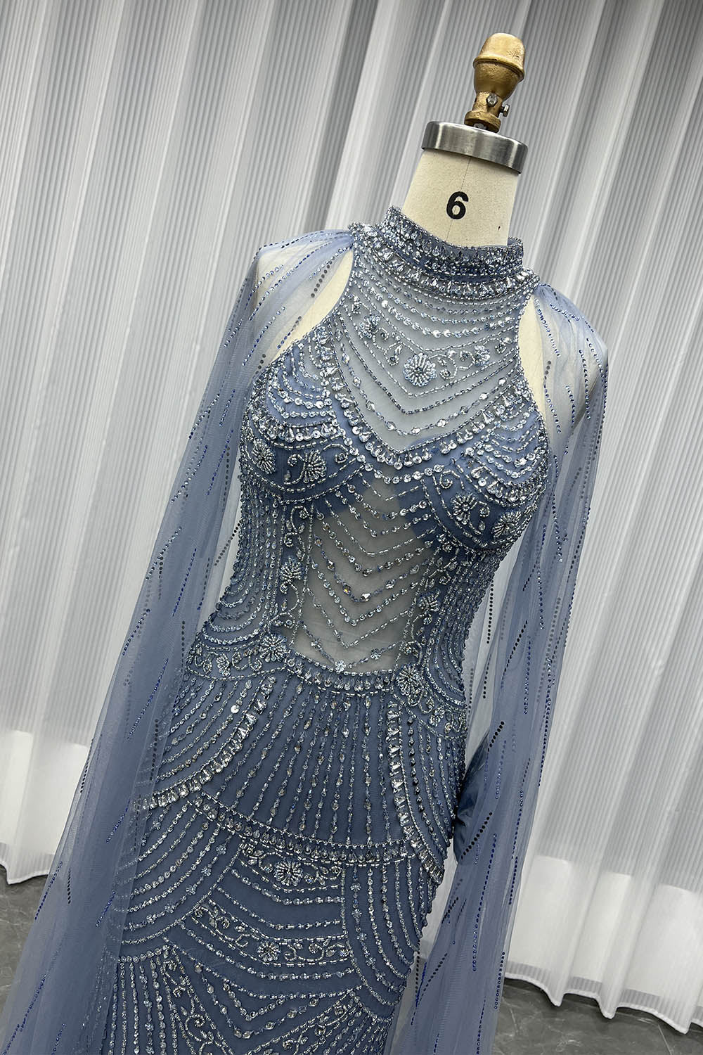 YQLNNE 050 Dusty Blue Handmade Rhinestones Beaded Long Evening Dress Formal Party Gown