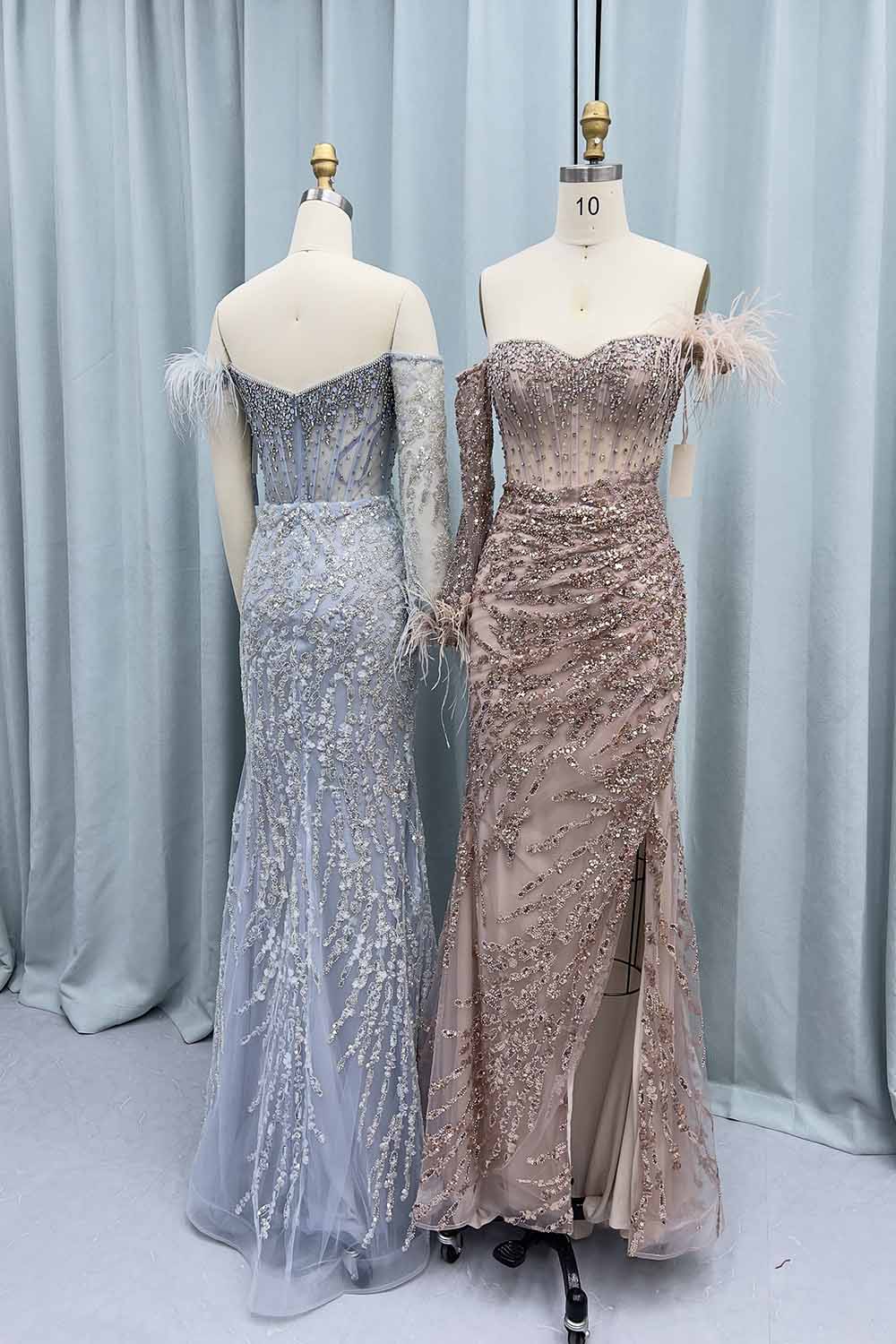 YQLNNE 047 Rose Gold Feathers Evening Gown Long Sleeves Mermaid Formal Dresses