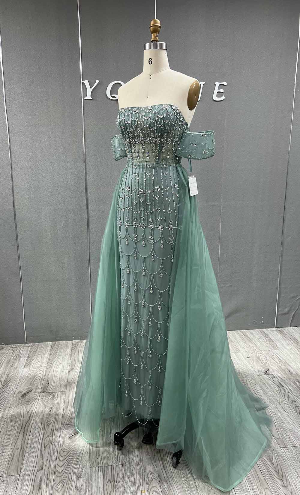 YQLNNE 5019 Sage Green Off Shoulder Evening Dress Crystals Beaded With Removable Train