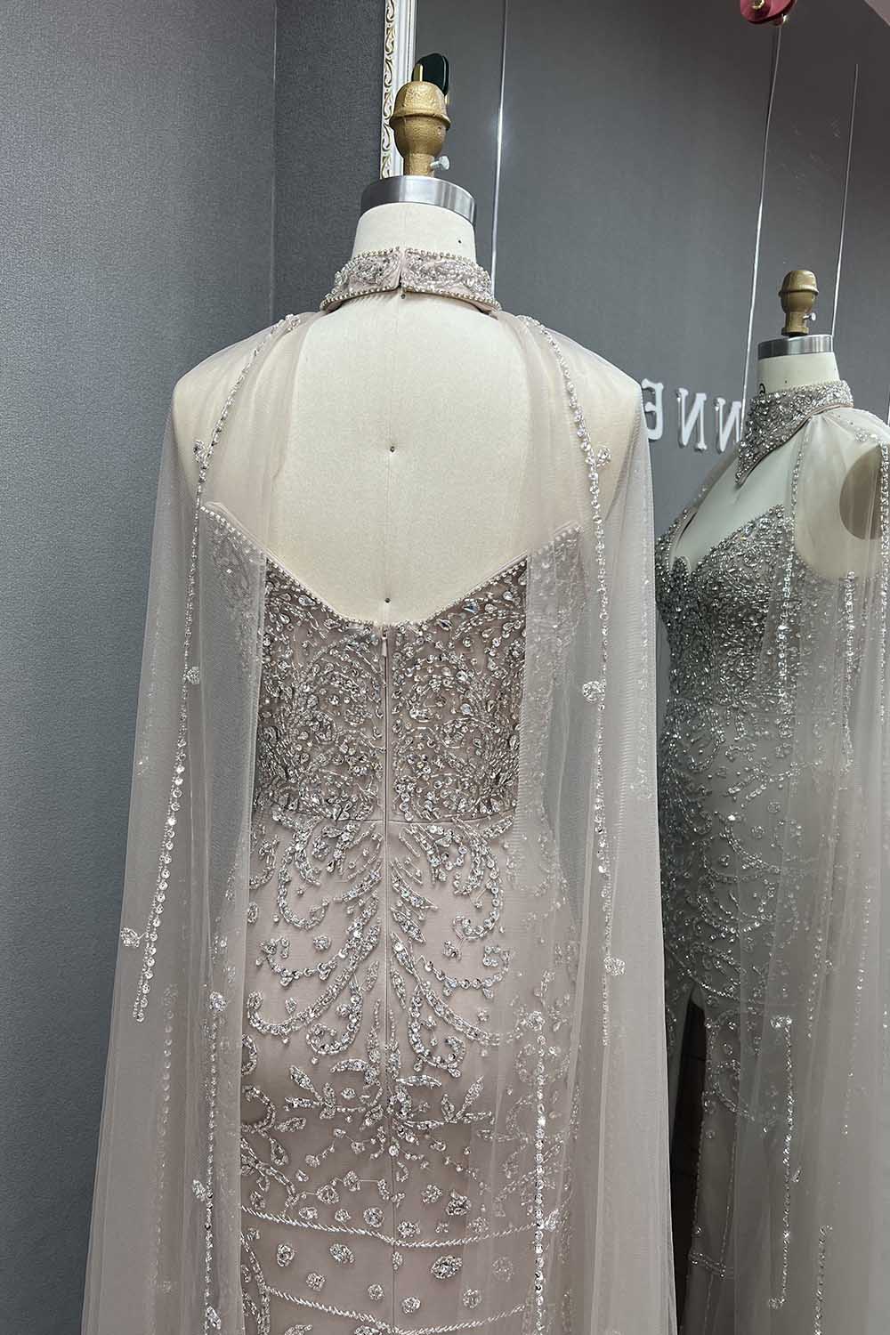 YQLNNE 036 Nude Rhinestones Evening Dress Long Mermaid Gown With Shawl