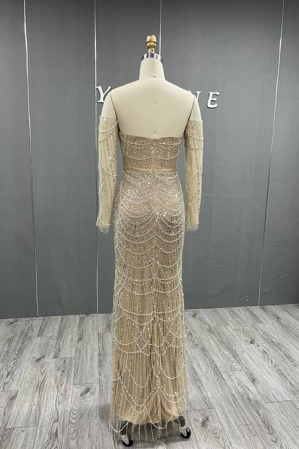 YQLNNE 073 Nude Pearls Beading Long Evening Dress Mermaid Prom Party Gown