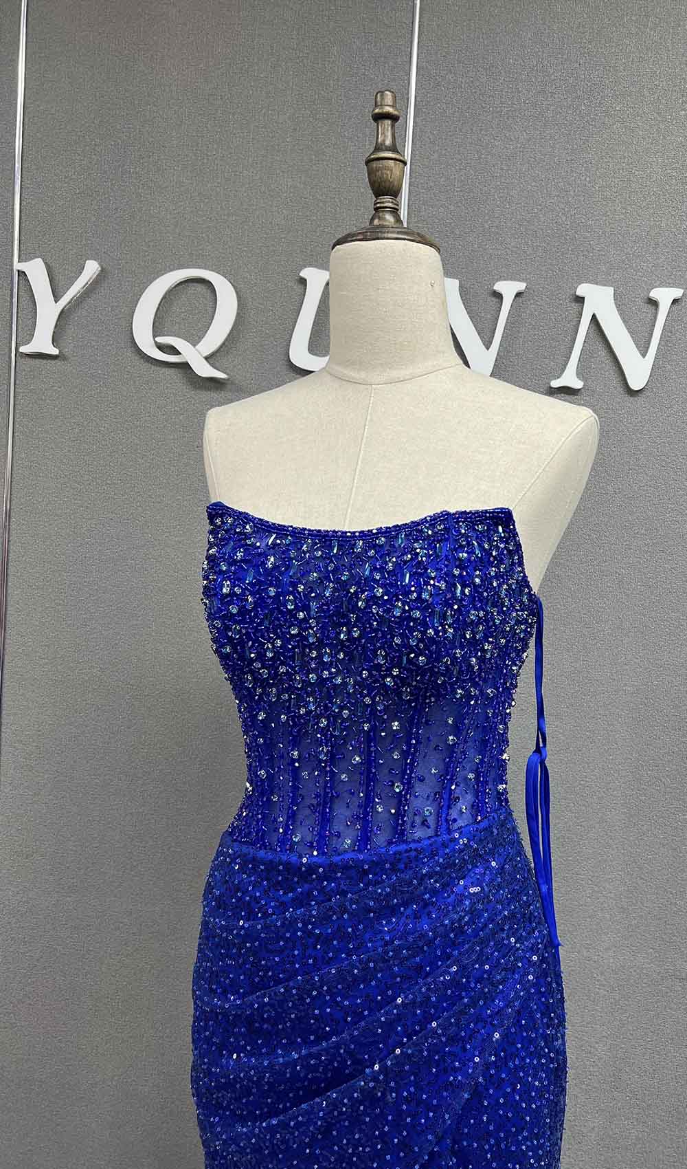 YQLNNE 06 Royal Blue Long Crystals Beaded Slit Prom Dresses With Straps
