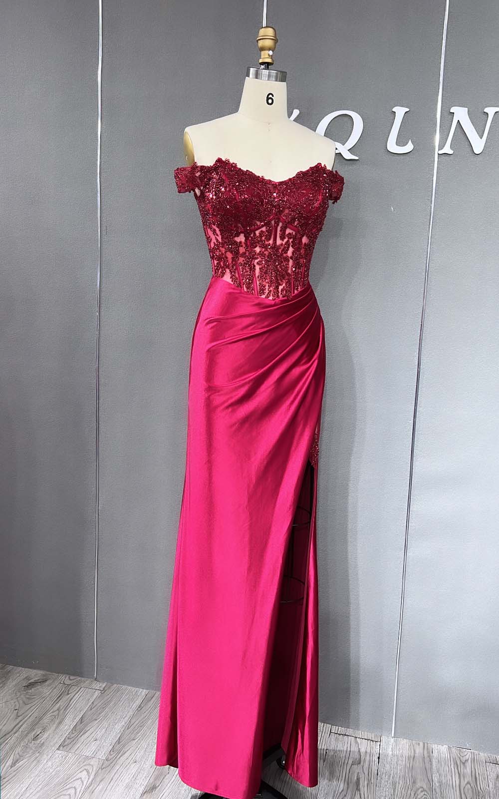 YQLNNE 02 Wine Red Long Prom Dress Off the Shoulder Embroidered Beadings