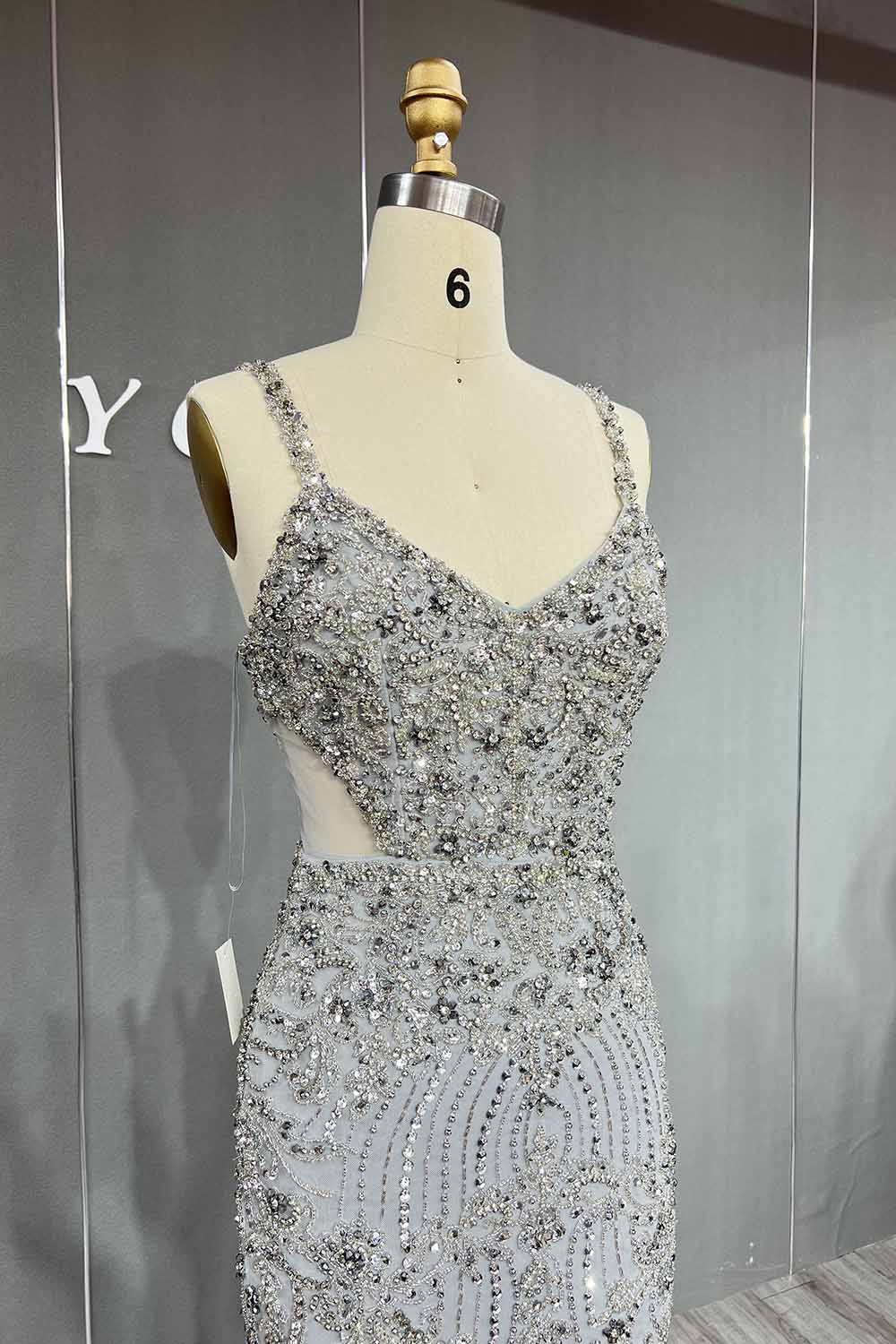 YQLNNE 063 Silver Crystals Beaded Mermaid Evening Dress Long Party Gown