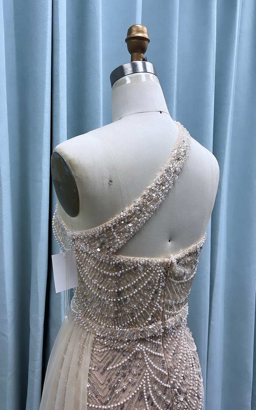 YQLNNE 0304 One Shoulder Nude Beaded Evening Party Gown Mermaid With Side Skirt