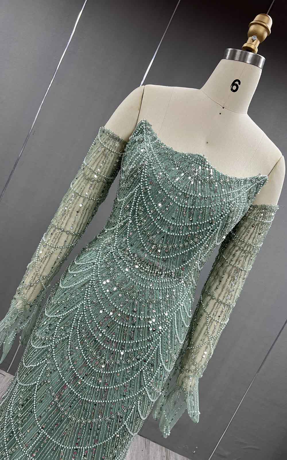 YQLNNE 076 Greenery Beading Evening Dress Mermaid Formal Gown With Gloves