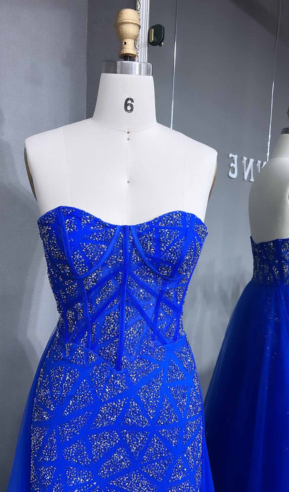 YQLNNE 070 Sparkly Glitter Strapless Long Prom Dress With Removable Train