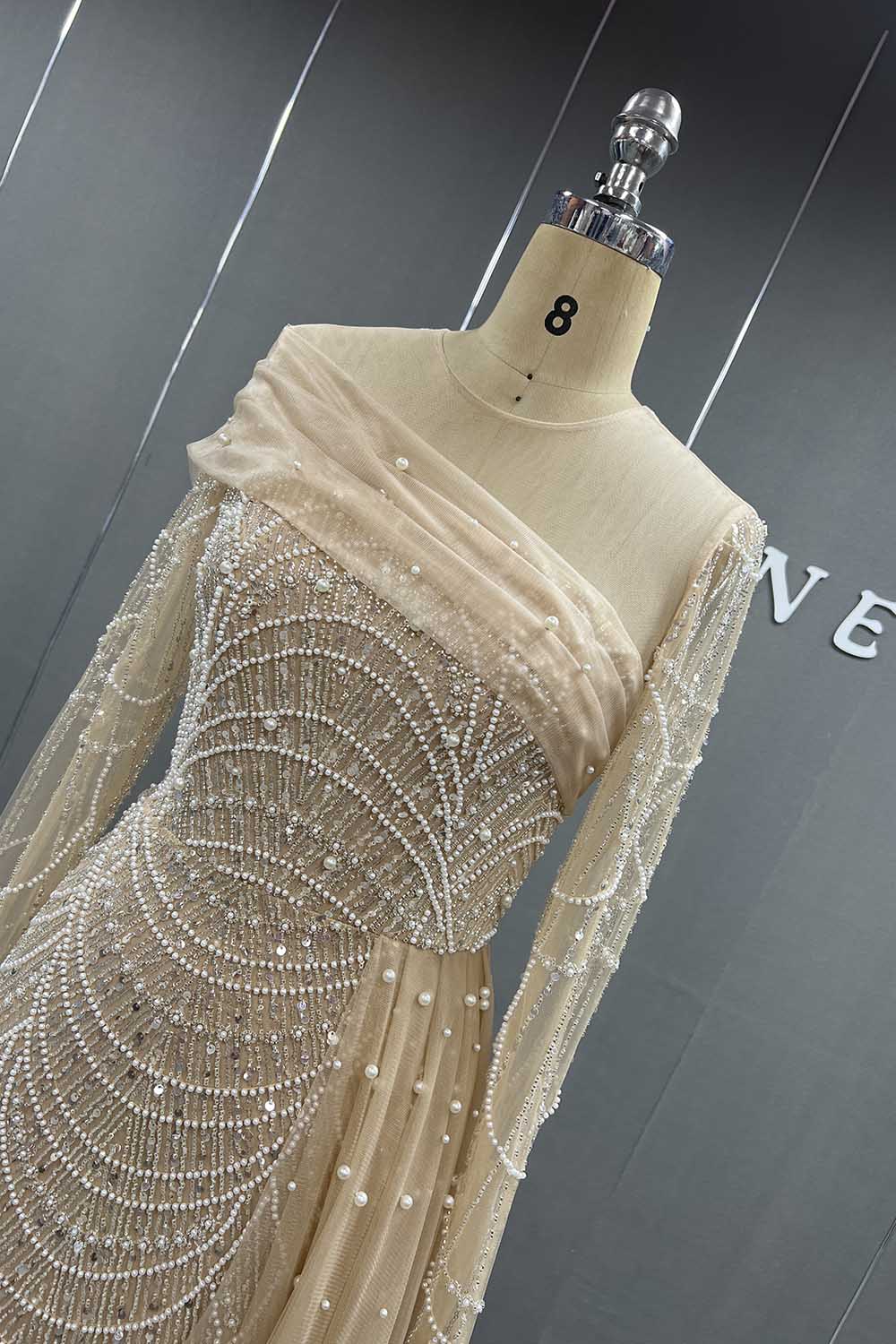 YQLNNE Modest Nude Beading Long Sleeves Evening Dress