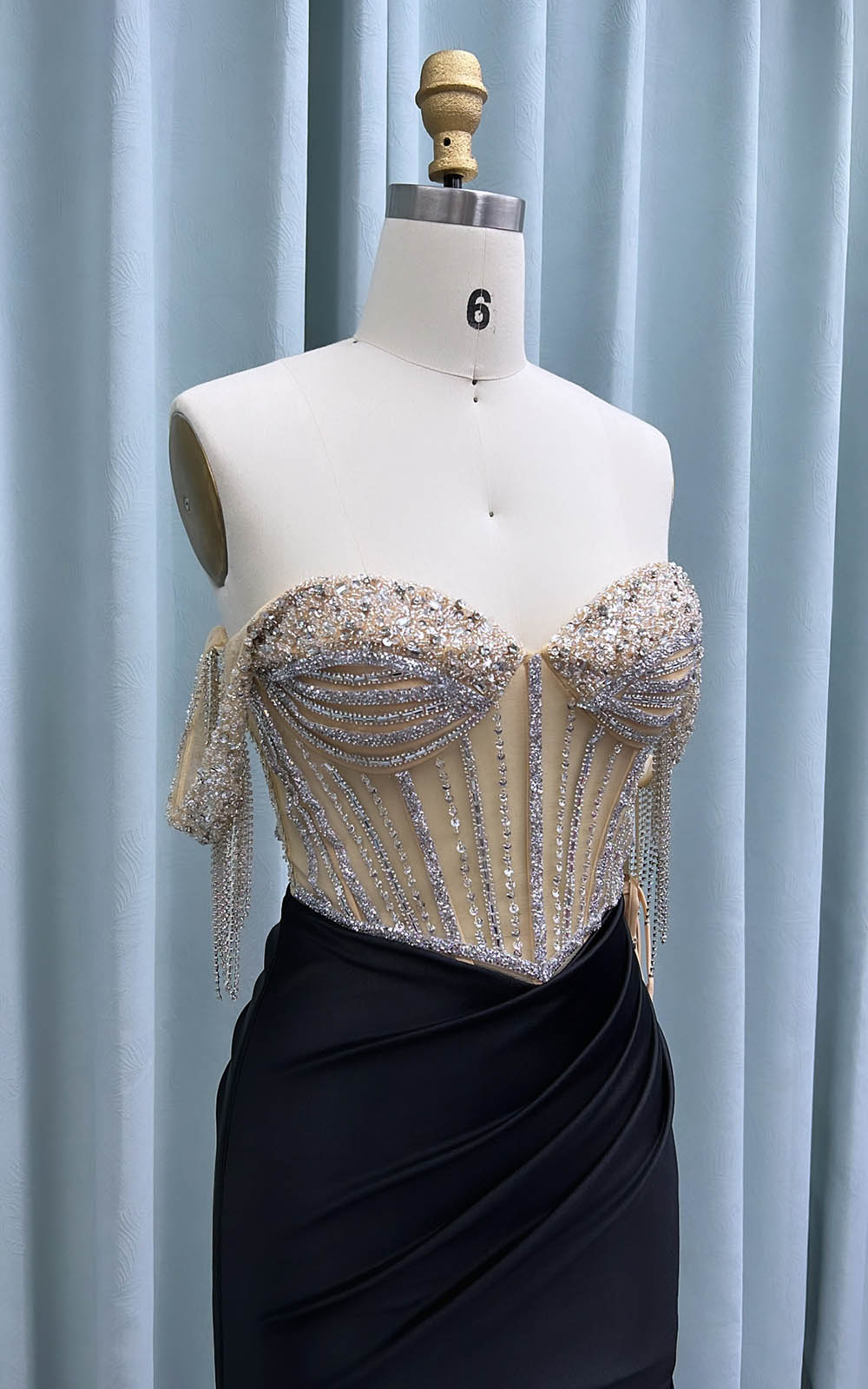 YQLNNE 010 Blue Satin Crystals Prom Dresses Long Slit Off the Shoulder Evening Party Gown