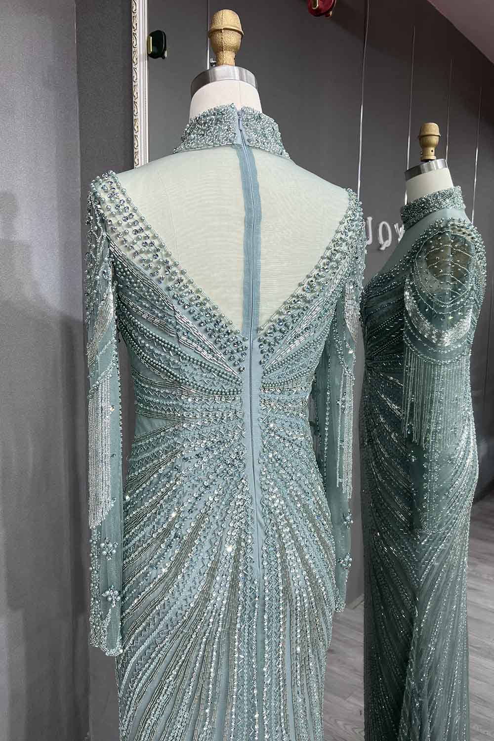 YQLNNE 053 Beige Long Sleeves Evening Dress Crystals Beaded Formal Women Gown Modest