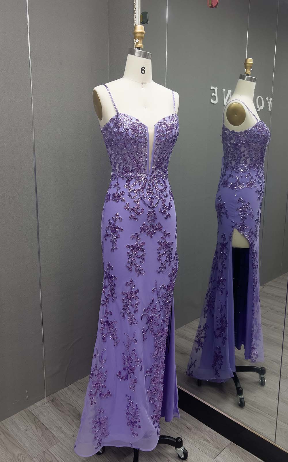 YQLNNE Royal Blue Long Slit Prom Dresses Straps Evening Gown
